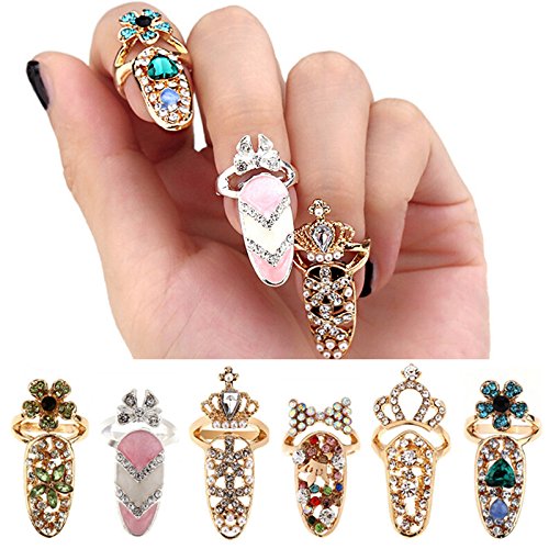 12 Pcs Adjustable Rhinestone Bowknot Nail Rings Set - CoscosX