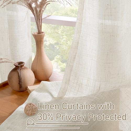 Linen Curtains for Kitchen Windows, Cream Ivory - 34x40 Inches, 2 Panels with Bronze Grommets