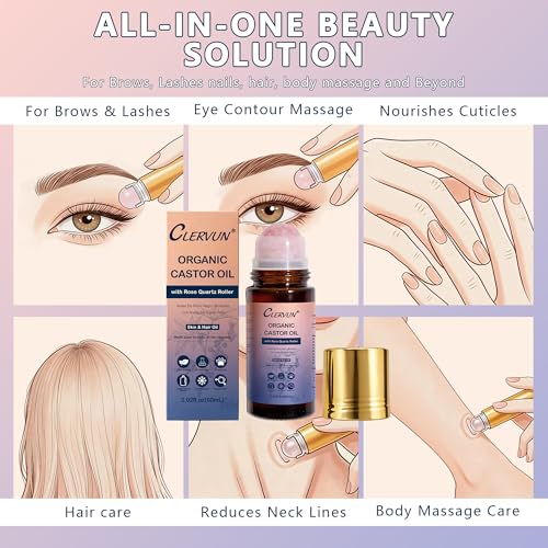 CLERVUN Organic Castor Oil with Rose Quartz Roller – 2.02 fl. oz