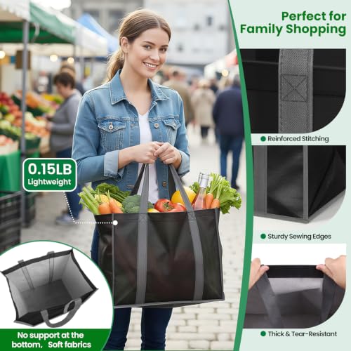 Reusable Grocery Bags with Long Handles - 3 Pack Black Totes