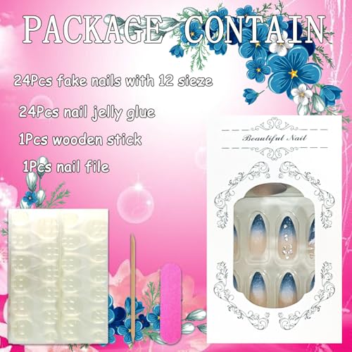 FOXIIU Blue Gradient Almond Press-On Nails with Floral Rhinestones & Charms - Medium Length Full Cover Fake Nails for Women & Girls