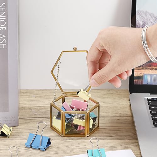 BTSKY Golden Glass Paper Clip Holder - Elegant Hexagon Desk Organizer
