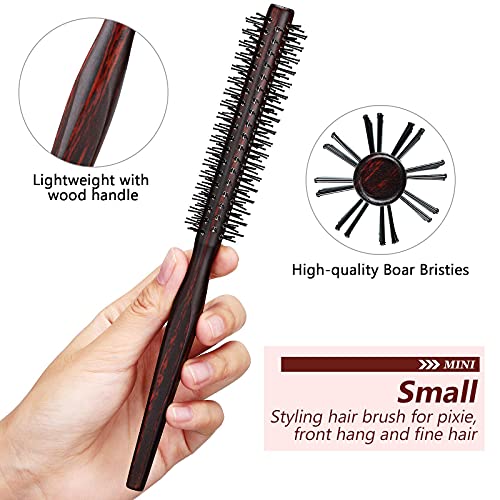 Mini Round Hairbrush Set for Short Hair, 3 Pack, 1 Inch Nylon Bristles, Wooden Handle for Pixie Cuts & Volume