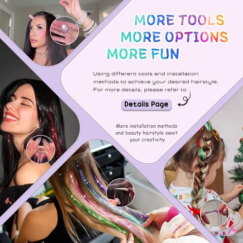 Hair Tinsel, 18 Colors Fairy Hair Tinsel Kit for Teen Girls 8600 Strands Heat Resistant Glitter Hair Extensions for Christmas Party Festival(18 Colors 48 Inches)