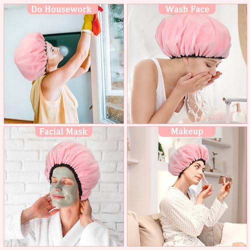 WAMFLUY Pink Reusable Waterproof Shower Cap for Women with Long Hair, Adjustable & Extra Large