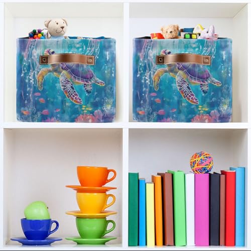 Foldable Storage Basket with Handles - Watercolor Turtle & Jellyfish Design