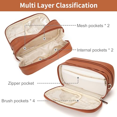 Brown Makeup Bag for Women - Waterproof Organizer with Brush Holder