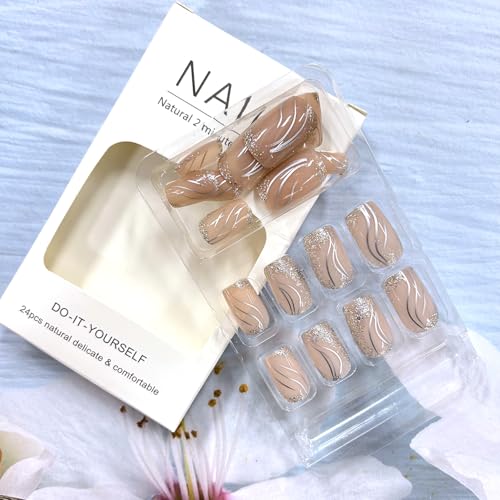 Medium Square Press On Nails with Silver Lines - Full Cover Glitter French Tip