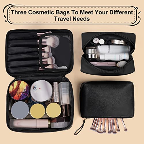 MAANGE Large Makeup Bag Set with 2 Small Pouches - Portable Leather Travel Cosmetic Organizer