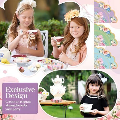 Floral Tea Party Napkins - 100 Pack Vintage Scalloped Paper Napkins