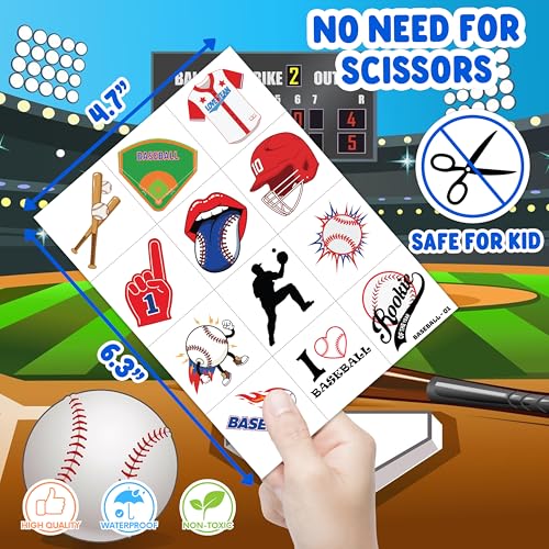 Baseball Themed Temporary Tattoos for Kids - 60 PCS Set
