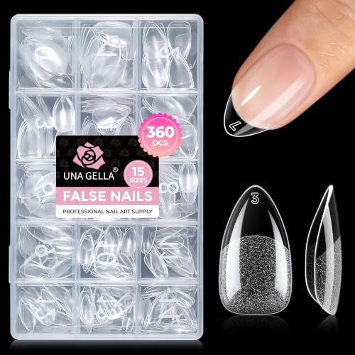 UNA GELLA Short Almond Gel Nail Tips - 360 Pcs, 15 Sizes, Pre-Shaped