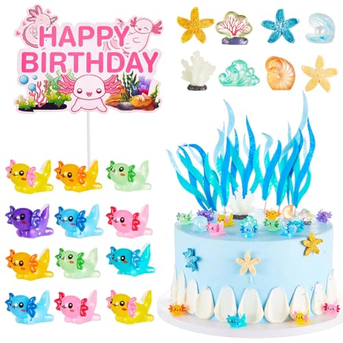 Axolotl Cake Topper Set with 22 Figurines & Seagrass - Ocean Theme Party Decorations