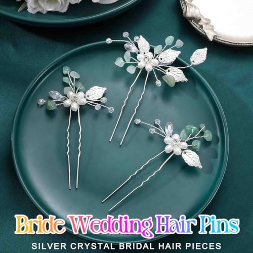 Pearl Wedding Hair Pins with Green Leaf Design - Pack of 3