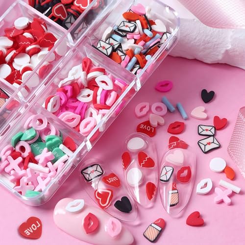 Valentine Nail Art Charms Set with Heart Lips Envelopes for DIY Manicure