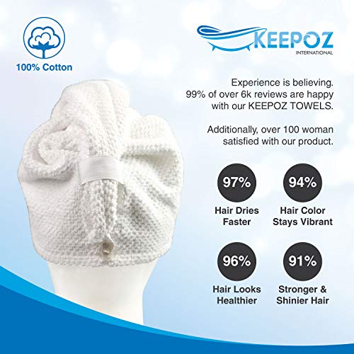 KEEPOZ 2-Pack Cotton Hair Towel Wraps for Women, Quick Dry Turban with Button, White Check