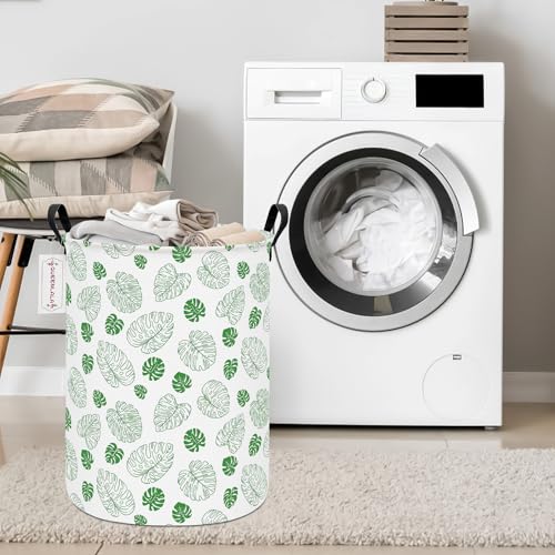 QUEENLALA Large Foldable Round Storage Basket - Waterproof, Green Leaf