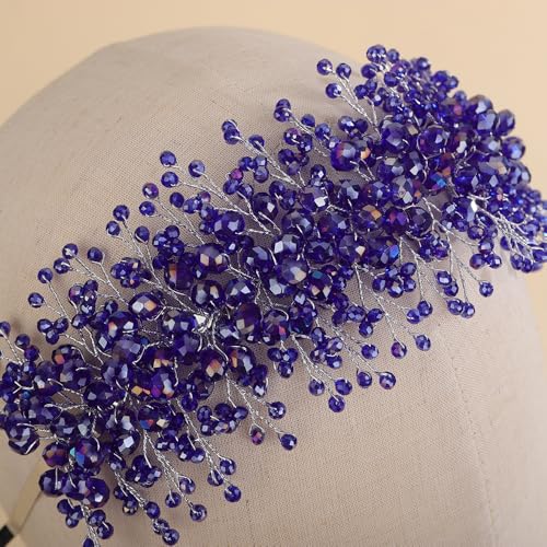 Blue Rhinestone Beaded Hair Crown Tiara for Brides