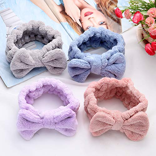 Senkary 4 Pack Microfiber Bow Headbands for Face & Shower, Pink Blue Purple Gray