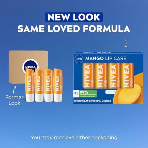 NIVEA Mango Lip Balm Pack of 4 - Hydrating Shea Butter Lip Care, 0.17 OZ Each