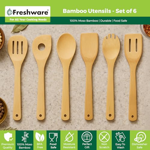 Freshware 6-Piece Bamboo Wooden Utensils Set for Cooking