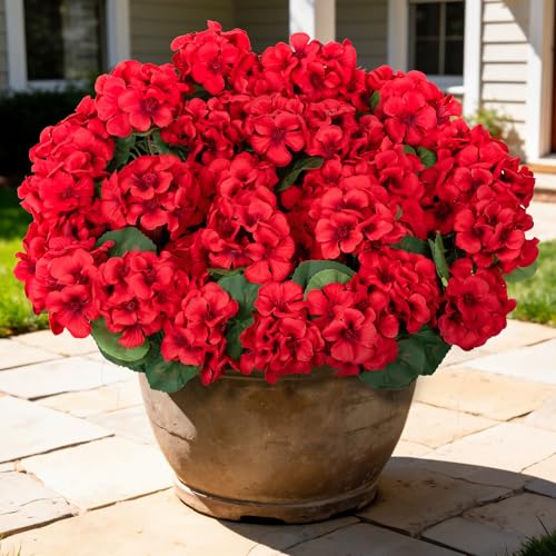 17" Artificial Geranium Flowers - 8 Pcs Red Silk Plants for Outdoors