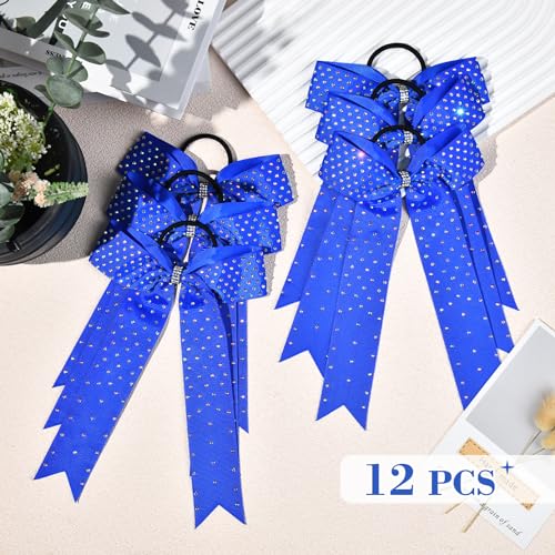 DEEKAI Royal Blue Cheer Bow Set with Rhinestones - Collegiate Style, Handmade for Girls & Teens, 12 Pack