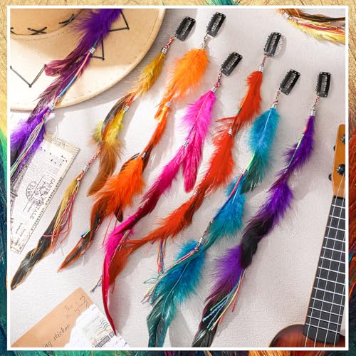 Multicolor 12 Pcs Clip-in Feather Hair Extensions for Women, Festival & Costume Accessories