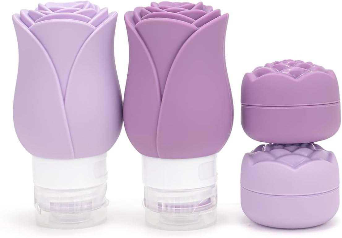 Travel Toiletry Containers - 4 Pack Leakproof 3oz Bottles & Mini Jars | BPA-Free Silicone Squeeze Tubes in Purple Rose