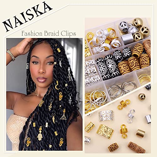 NAISKA 184Pcs Gold Hair Jewelry for Braids, Dreadlock Accessories & Charms