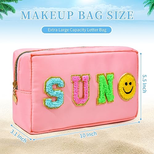 SOIDRAM Small Sun Pink Makeup Bag with Chenille Letter Patches - Travel Cosmetic Organizer for Women