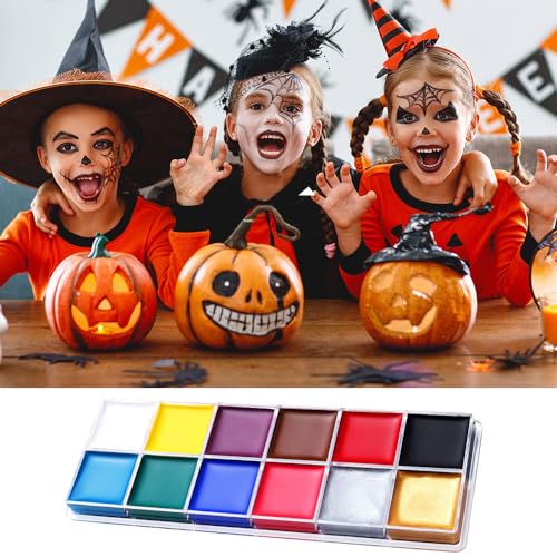 VOLLUCK Face Paint Kit with 12 Colors & 10 Brushes - Safe Body & Face Makeup for Halloween & Parties