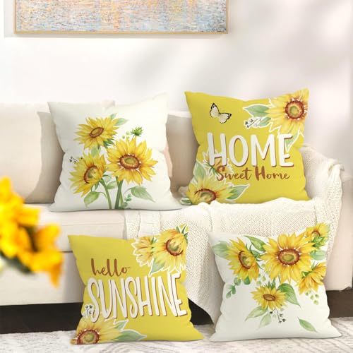 Sunflower Yellow Floral Throw Pillow Covers - Set of 4, 18x18