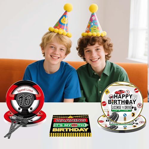 16th Birthday Decorations Set for Boys - Driver's License Theme, 96 Pcs Tableware for 24 Guests