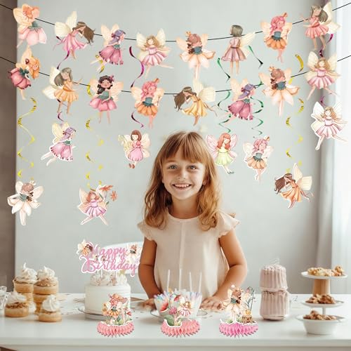 Fairy Birthday Party Decorations Set - 14 Pcs Banners, Swirls & Cake Topper