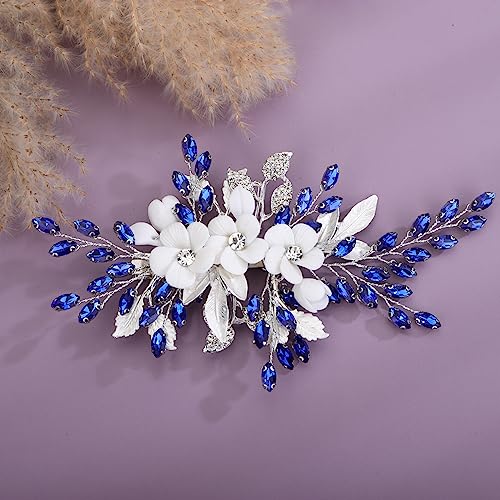 Xerling Royal Blue Rhinestone Flower Hair Barrette for Weddings
