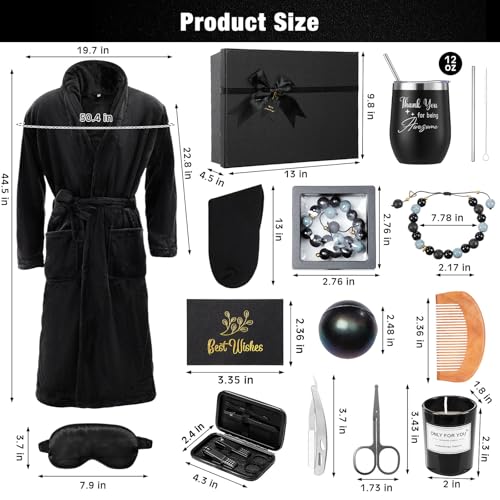 Nuogo 15 Pcs Birthday Gifts for Men Beard Care Set for Him Dad Birthday Gifts Basket Ideas Kit for Men Tumbler Bath Robe for Father's Day Dad Husband Boyfriend Box (Unhooded,Black)