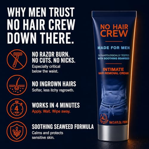 No Hair Crew Intimate/Private At Home Hair Removal Cream for Men - Painless, Flawless, Soothing Depilatory for Unwanted Coarse Male Body Hair, 100ml