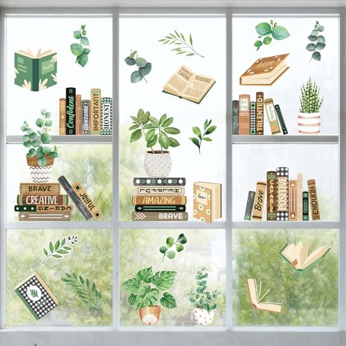 Greenery Window Clings - 8 Reading Decals with Plants for Classroom & Library