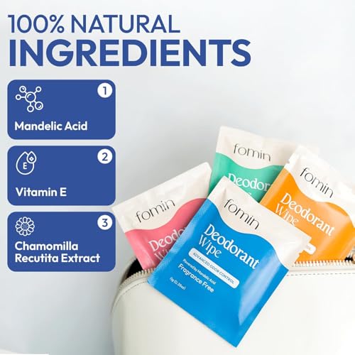 FOMIN Mini Deodorant Wipes - 5 Count Travel Pack, Biodegradable
