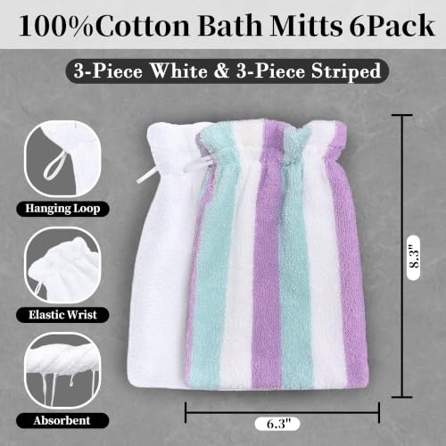 VOOVA & MOVAS 6-Pack Bath Gloves Purple & Aqua Stripes with Loop - Soft Cotton Wash Mitts for Body & Face