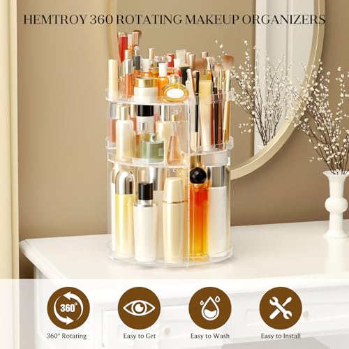 Hemtroy 360 Rotating Makeup Organizer with Brush Holder, Adjustable Acrylic