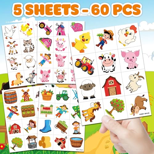 60 Pre-Cut Farm Animal Temporary Tattoos for Kids' Parties