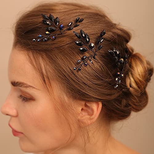 Black Rhinestone Hair Pins for Women - Wedding Crystal Accessories (3pcs)