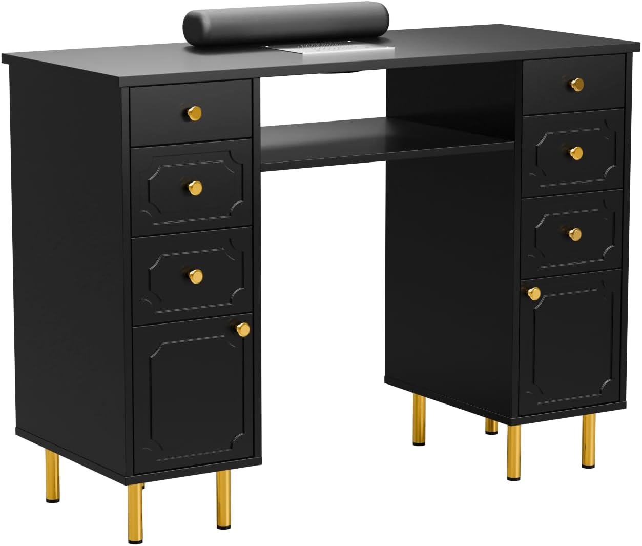 OmySalon Black & Gold Nail Desk - Electric Dust Collector, Storage Drawers & Wrist Cushion | Acetone Resistant Manicure Table