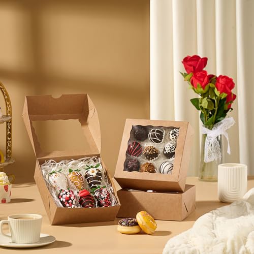 NEKSUNBAK 20 Pack Brown Bakery Gift Boxes with Window - 6x6x2.5 inches