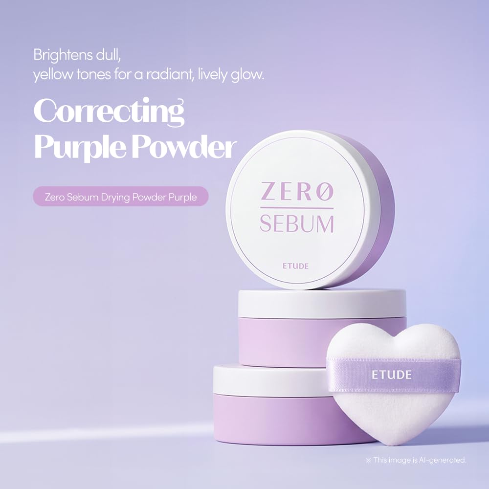 ETUDE Zero Sebum Loose Powder Purple, Lavender Tone Correcting Finely Milled Powder for Yellow Undertones, Lightweight Shine Control, Soft Matte Blur, 4g