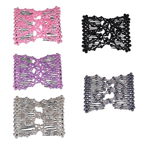 Lovef 5pcs Crystal Beaded Bow Magic Hair Comb Elastic Double Easy
