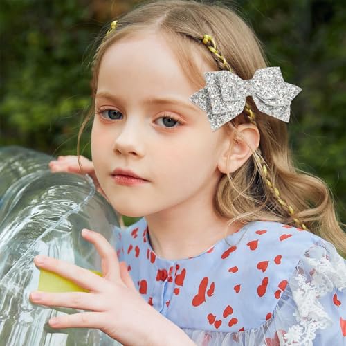 Silver Glitter Hair Bow Clips - 5 Inch Sparkly Accessories for Girls