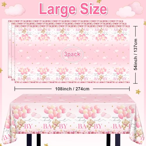 3 Pack Pink Bear Baby Shower Tablecloths – Waterproof & Disposable